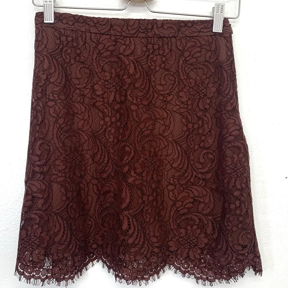 Wilfred Brown Lace Mini Skirt Lined Scallop Fringe Hem Sz 4 Floral Design Event‎